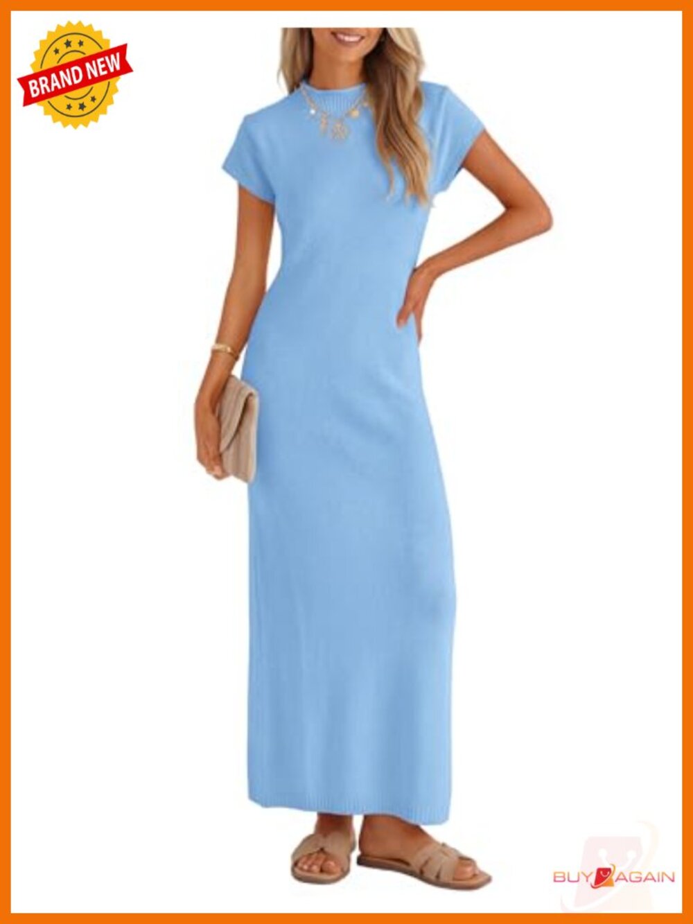 Knit Short Sleeve Bodycon Maxi Sweater Dress Crew Neck Back Slit